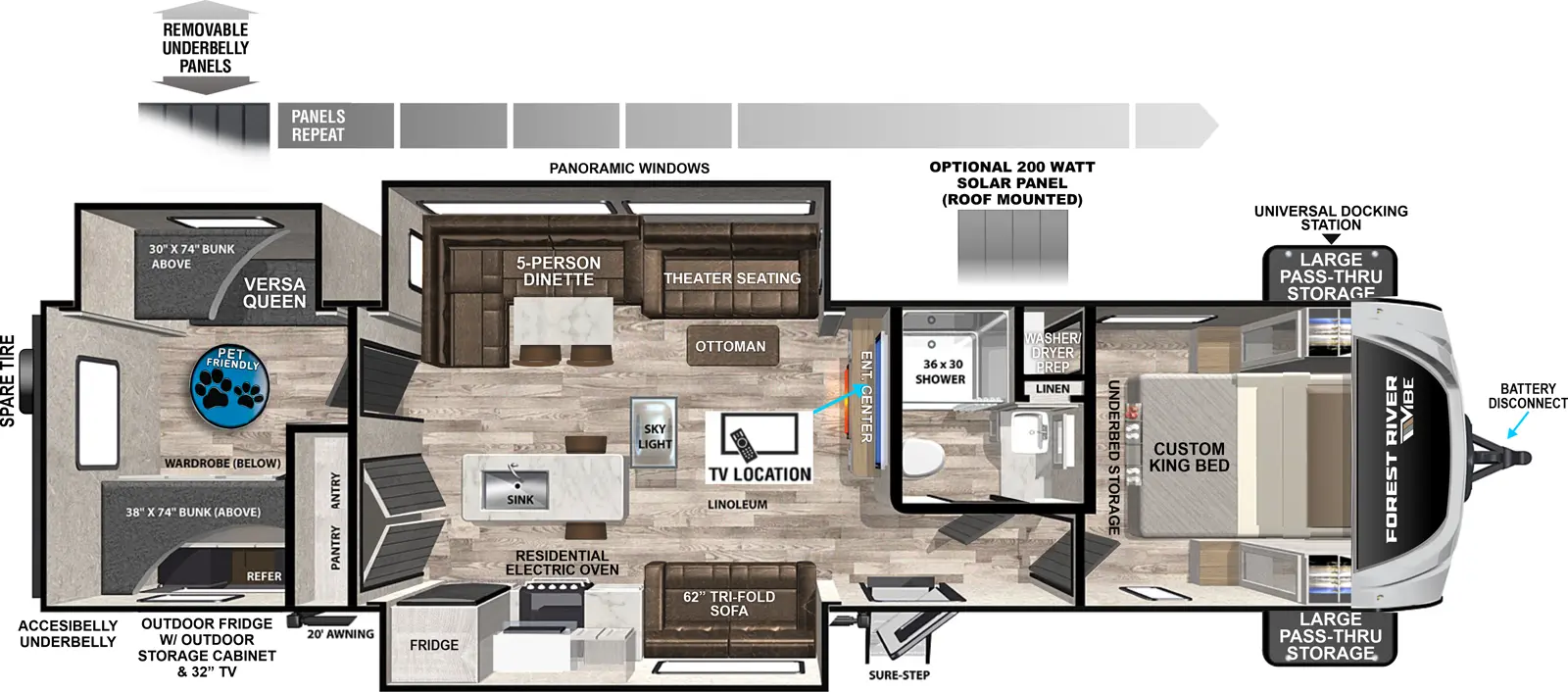 The Vibe 3400BH floorplan has one entry and three slide outs. Exterior features include: fiberglass exterior, 20' awning and outside kitchen. Interiors features include: bunk beds, kitchen island and front bedroom.